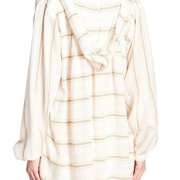 Free People Rolling Clouds 100% Cotton Hooded Blouse Ivory Cream Striped - Picture 4 of 8